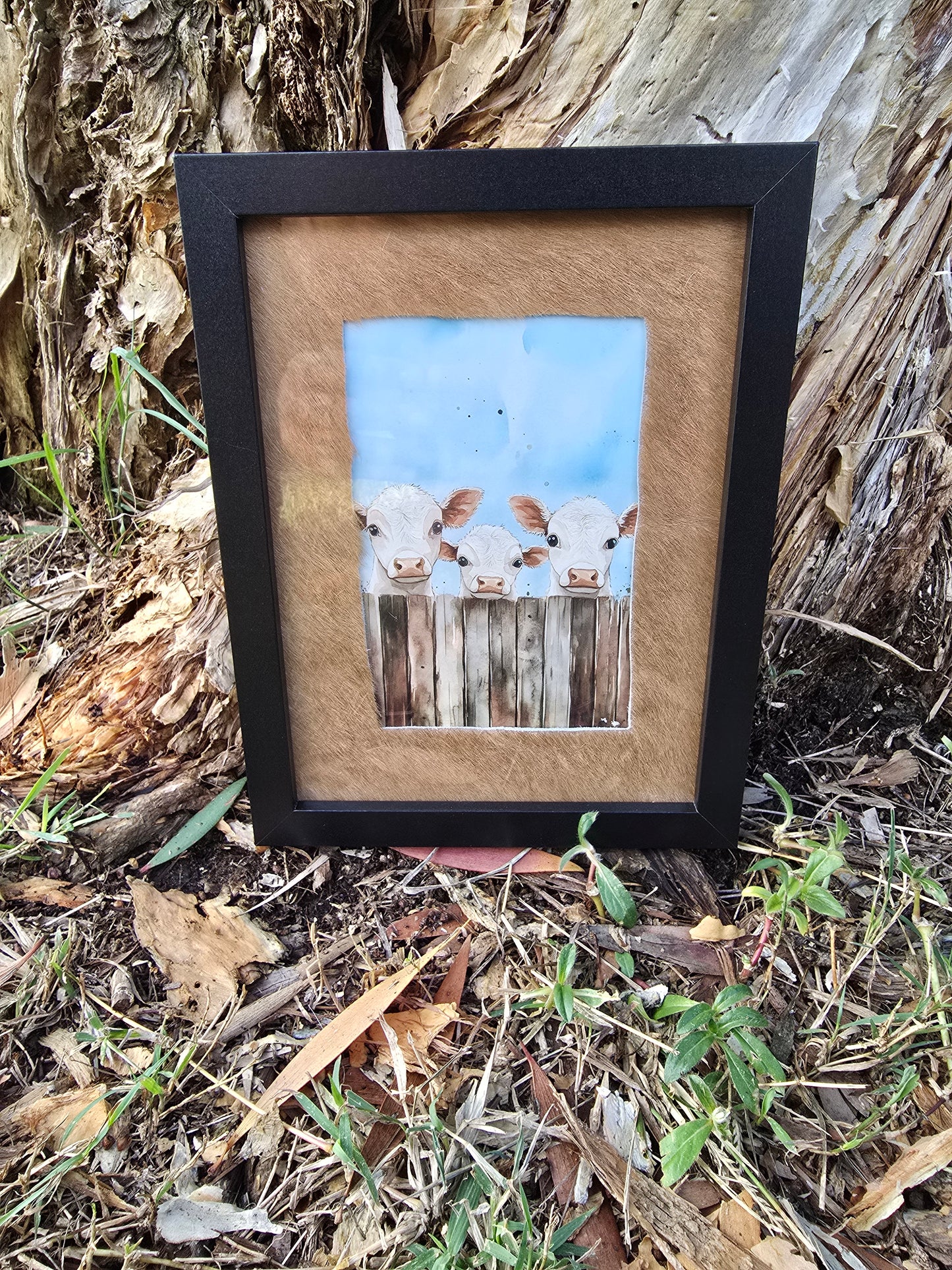 Cowhide frame with cows print
