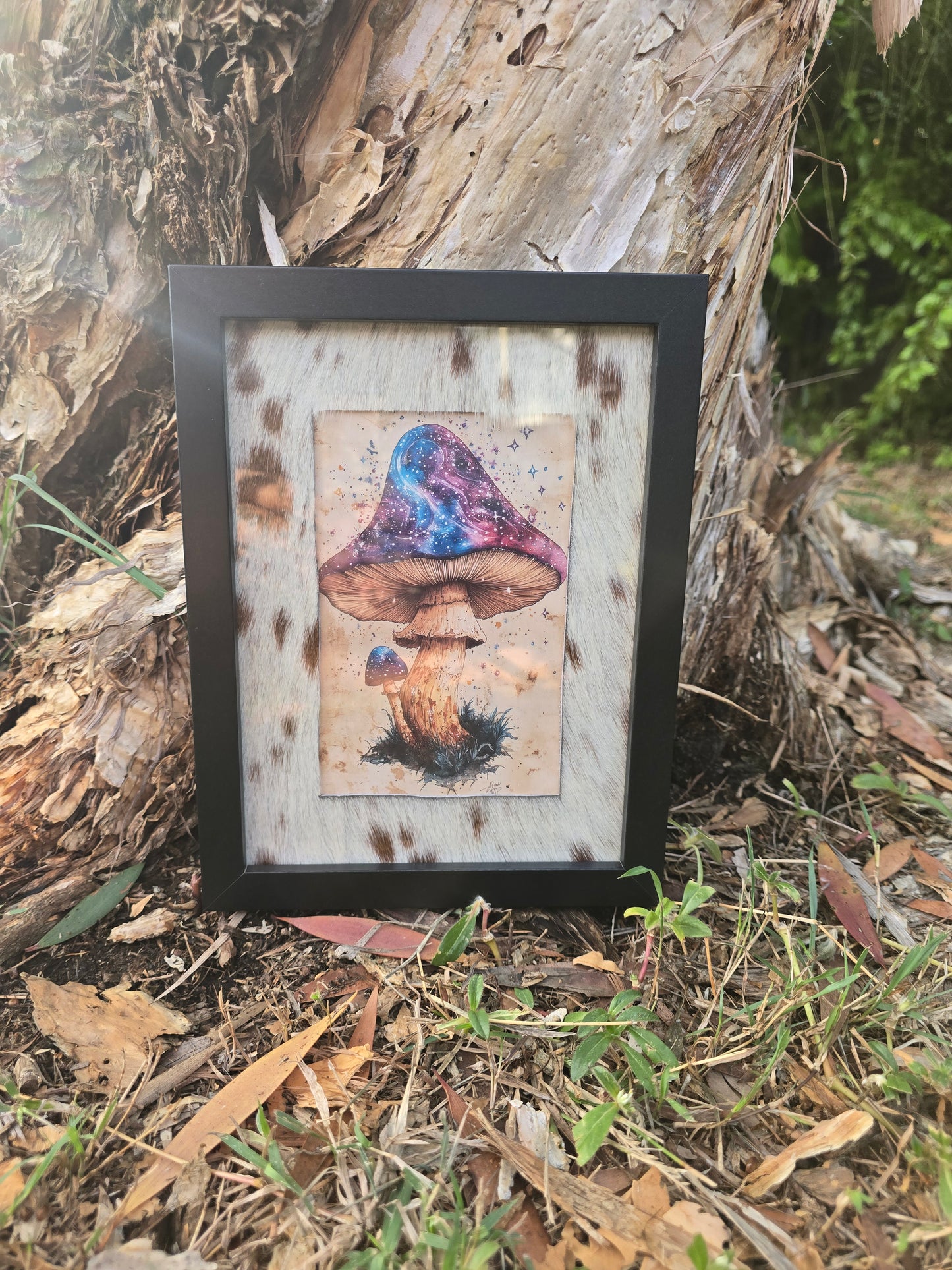 Cowhide frame with mushroom print