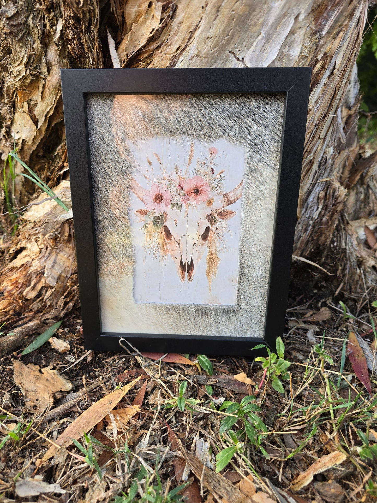Cowhide frame with cowskull print