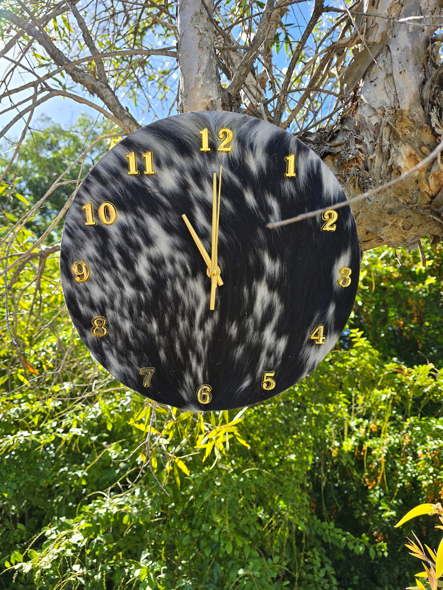 Cowhide Wall Clock 30cm - Handcrafted Rustic Timepiece