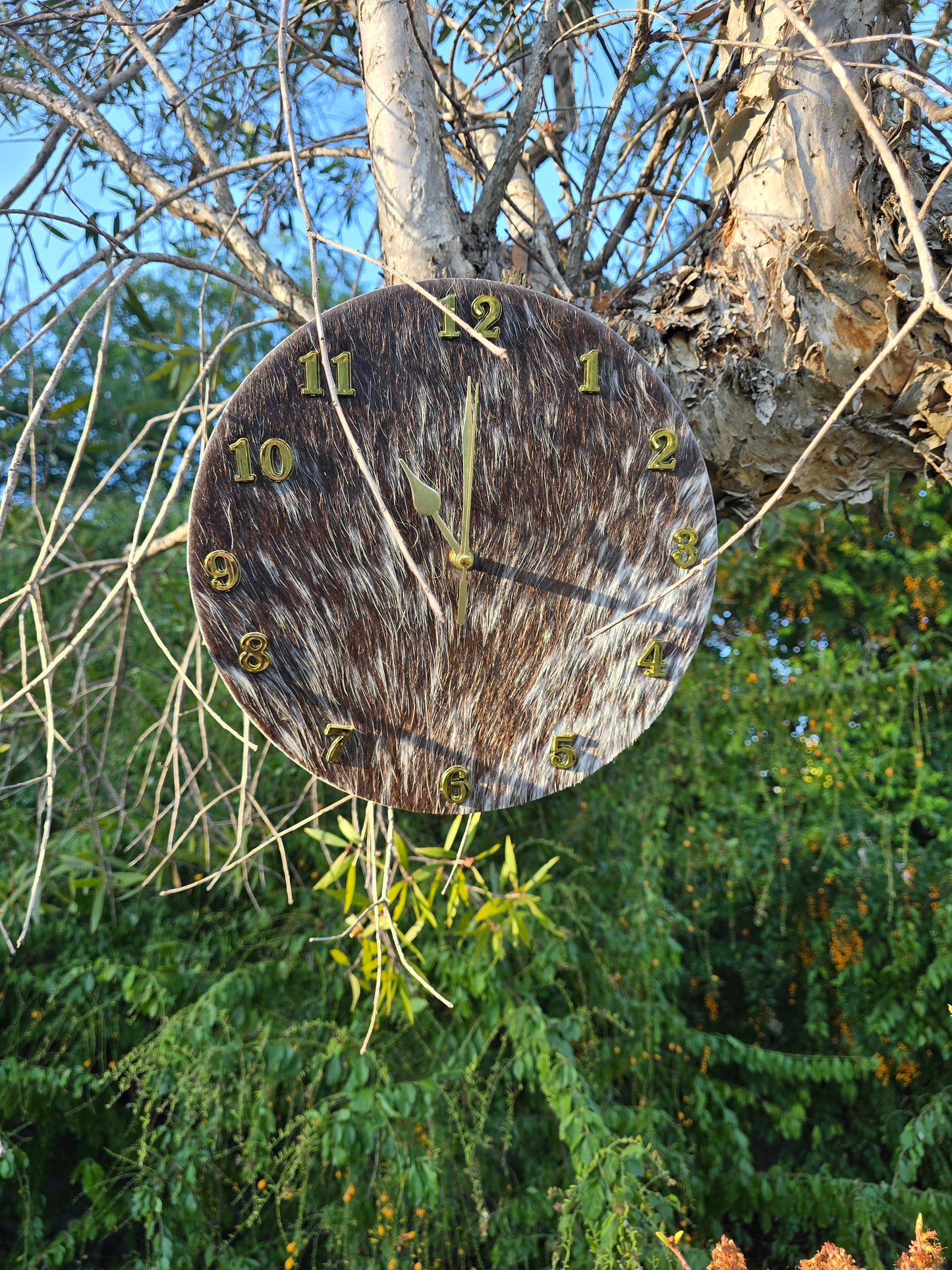 Cowhide Wall Clock 28cm - Handcrafted Rustic Timepiece