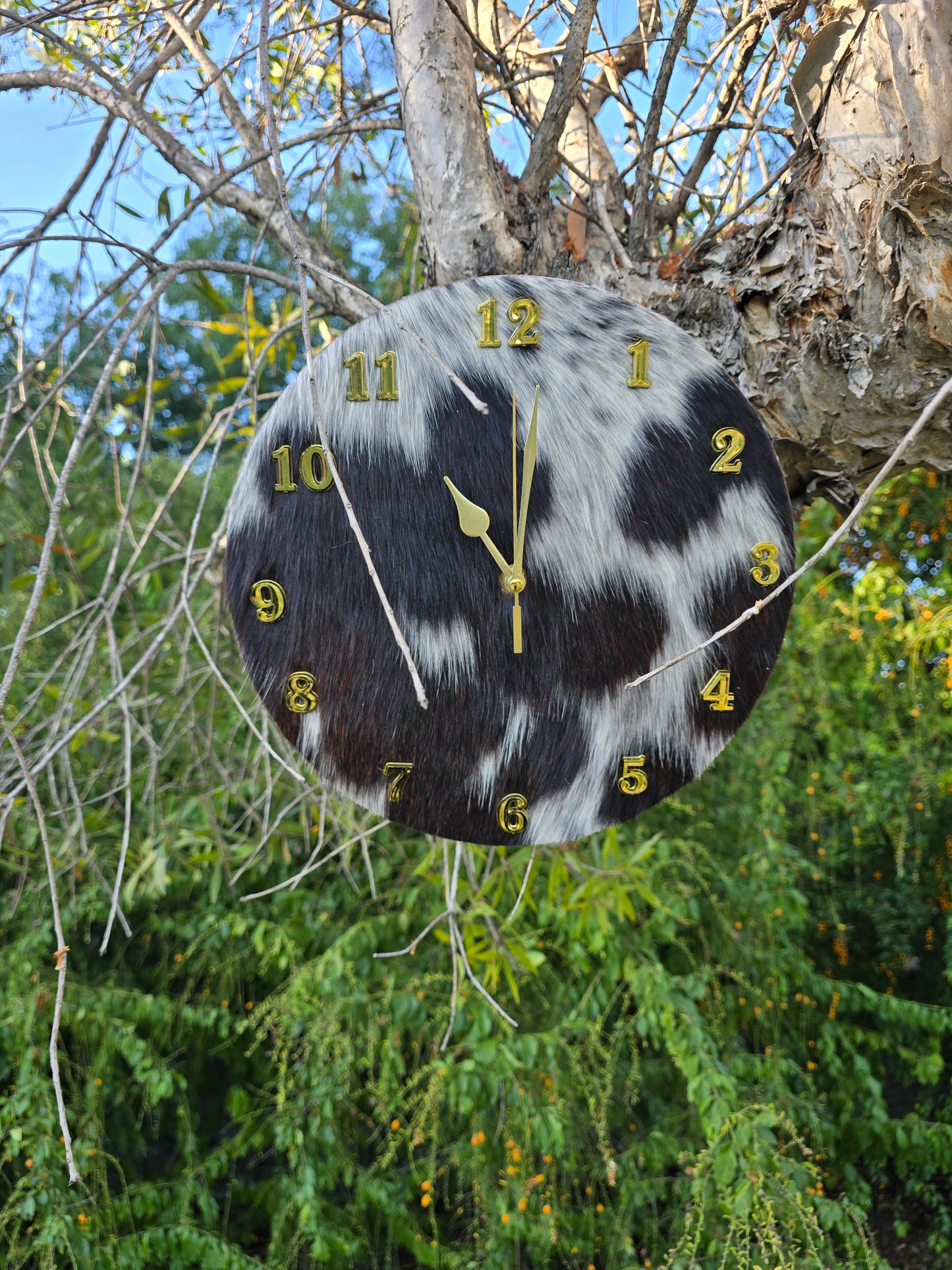 Cowhide Wall Clock 28cm - Handcrafted Rustic Timepiece