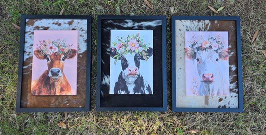 A3 sized Cowhide Frame with A4 sized 3D cow prints (set of 3)