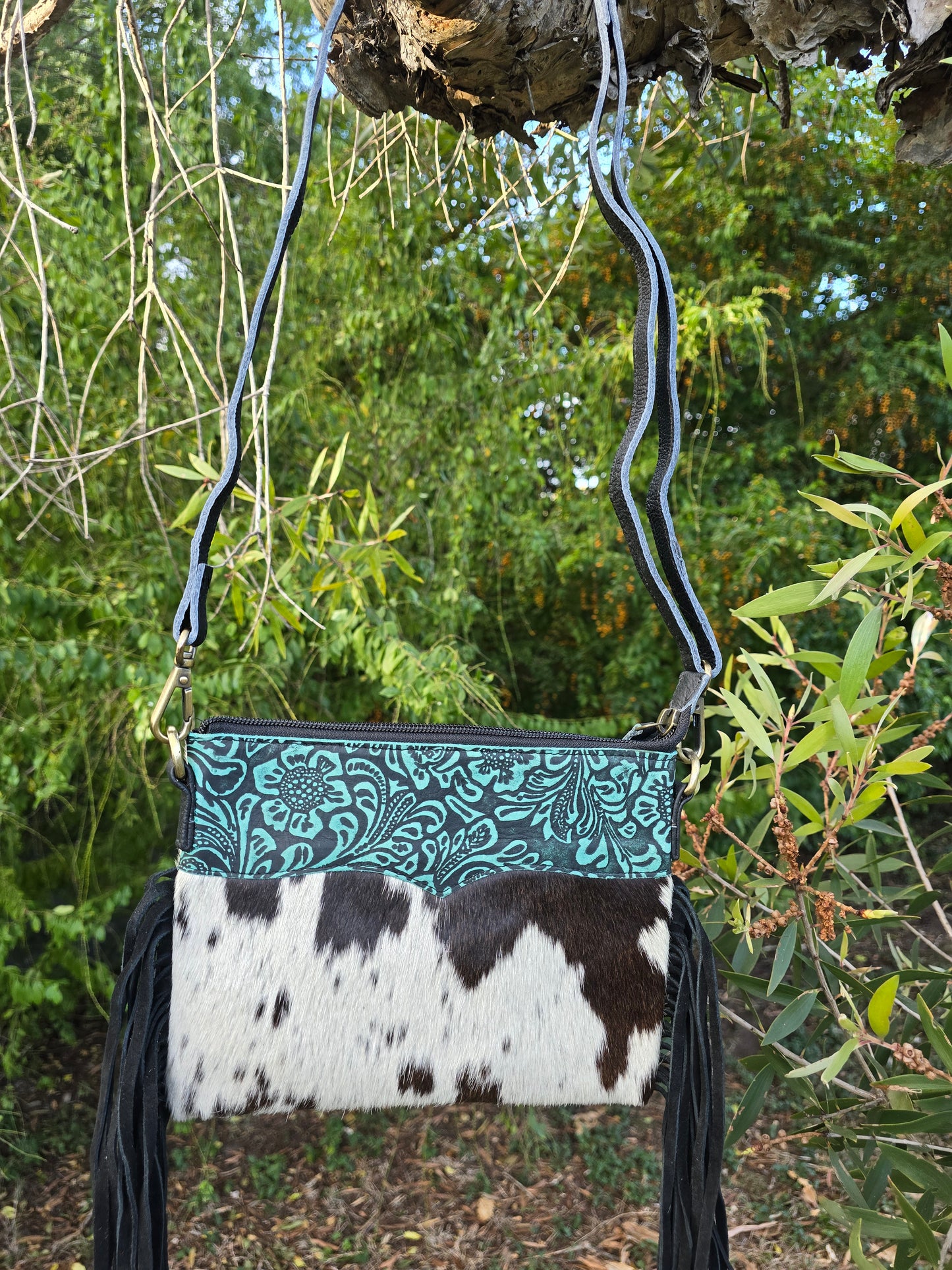 Double-Sided Cowhide Crossbody | Hand-Tooled Leather & Tassels