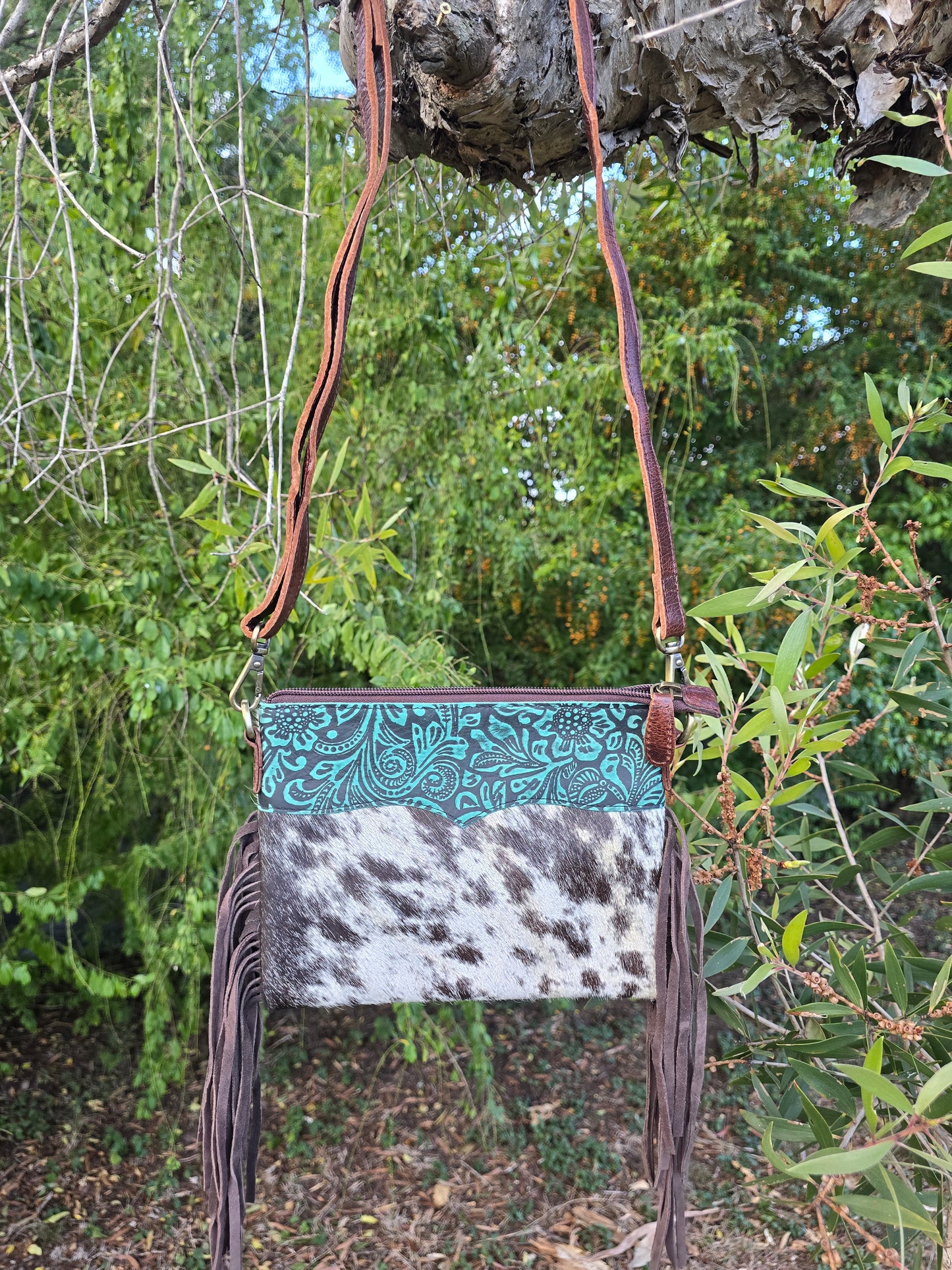 Double-Sided Cowhide Crossbody | Hand-Tooled Leather & Tassels