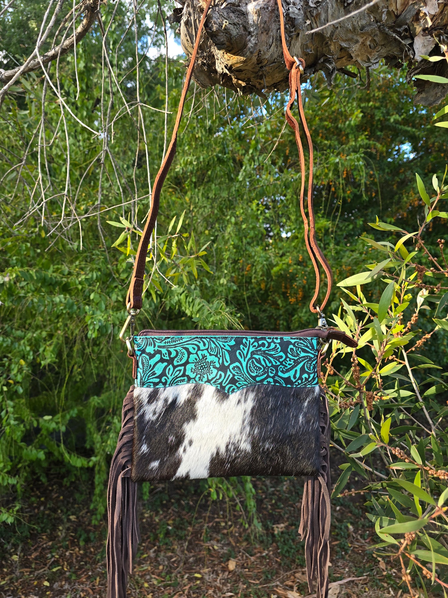Double-Sided Cowhide Crossbody | Hand-Tooled Leather & Tassels