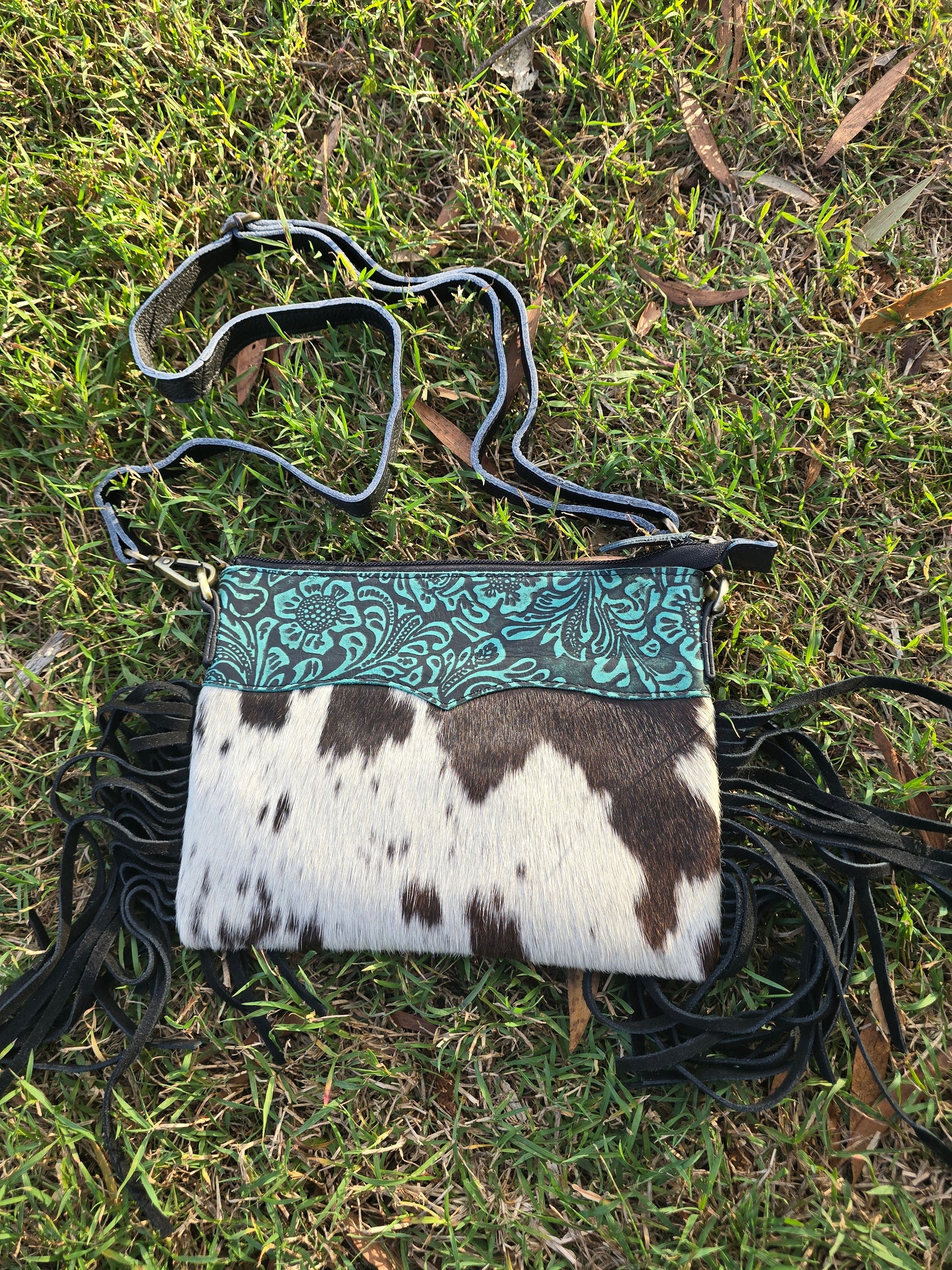 Double-Sided Cowhide Crossbody | Hand-Tooled Leather & Tassels