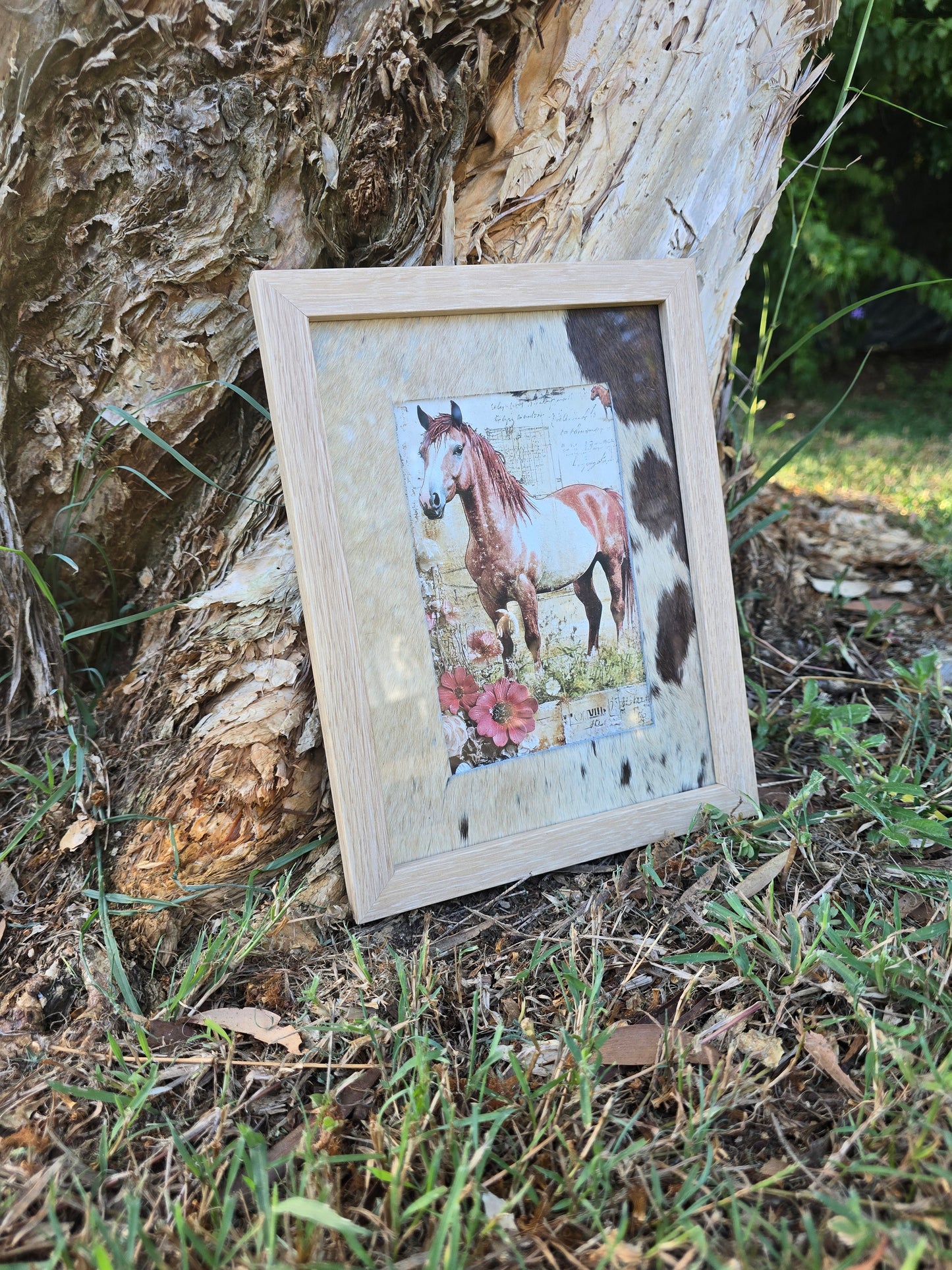 Cowhide frame with cow print