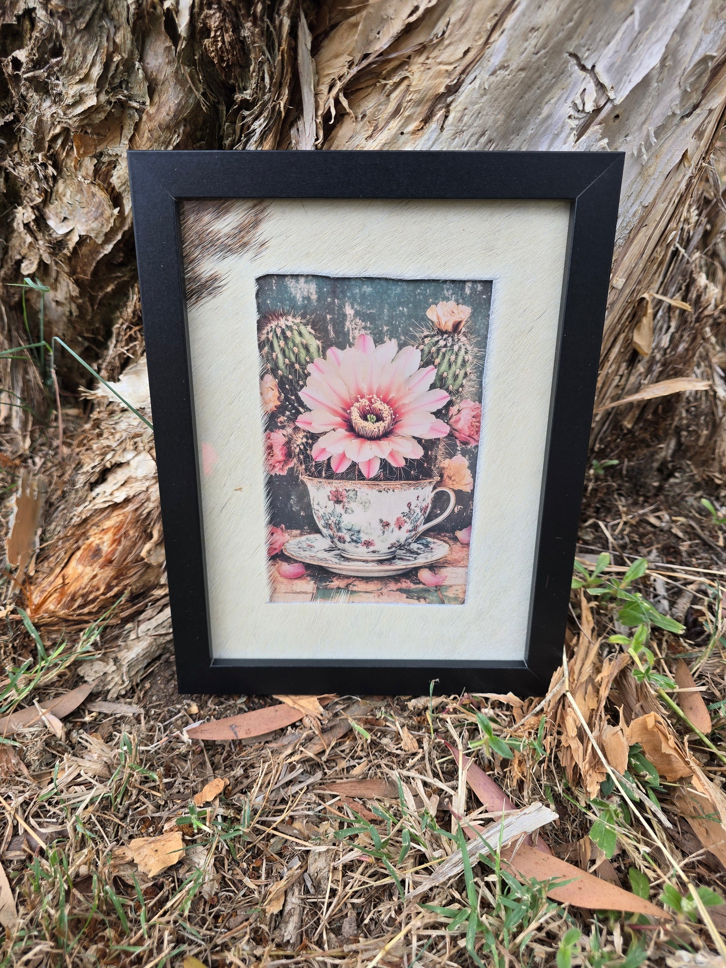 Cowhide frame with cactus print