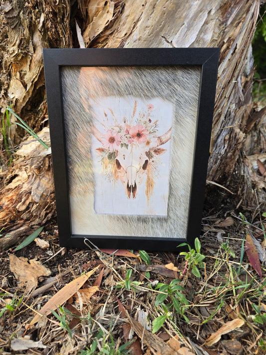 Cowhide frame with cowskull print