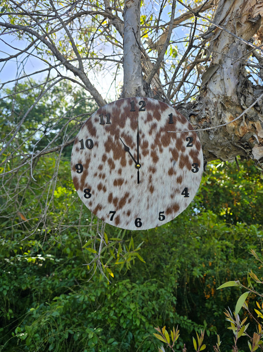 Cowhide Wall Clock 28cm - Handcrafted Rustic Timepiece